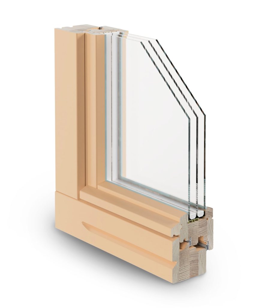 Coupe d'angle du châssis en bois Artisan : laqué crème, ouvrant profilé, triple vitrage