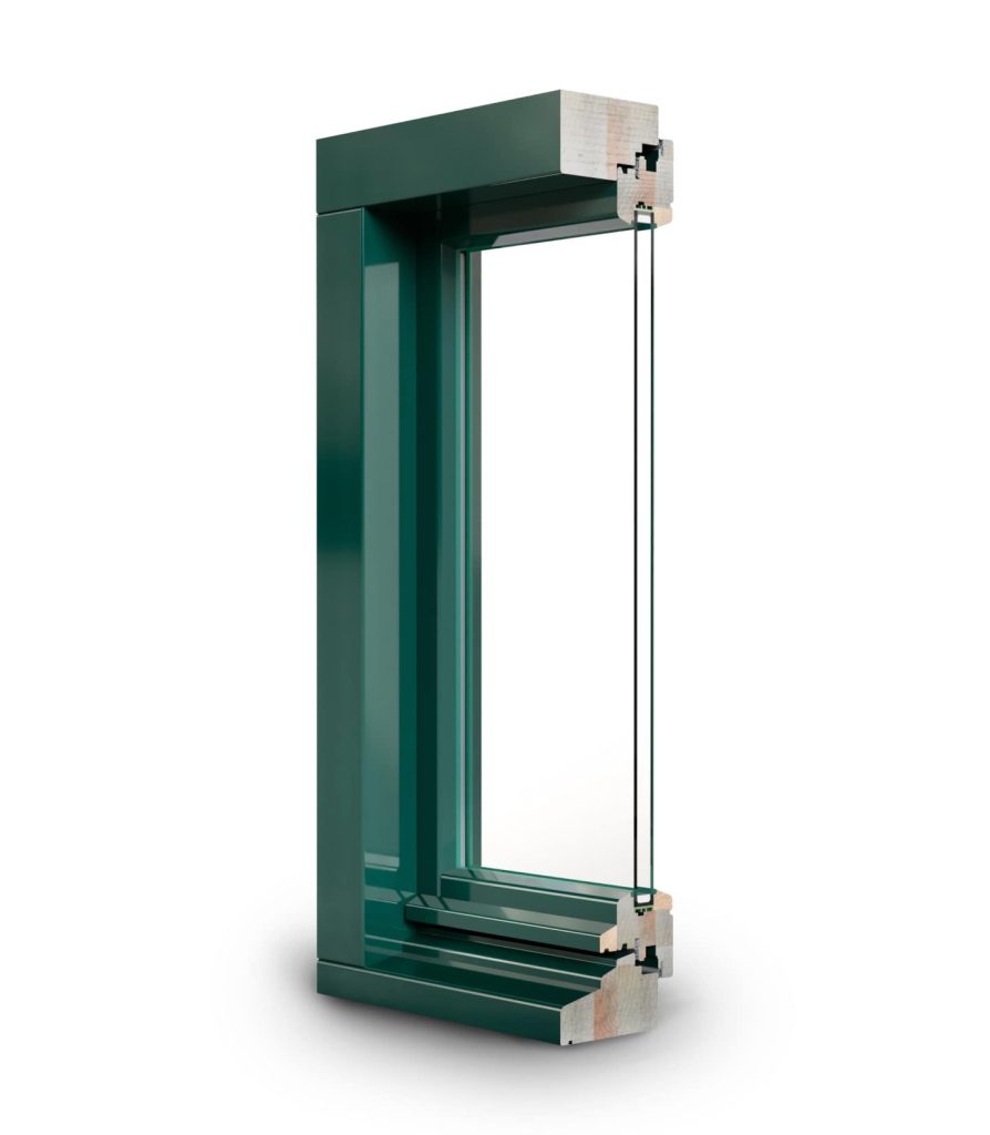 Coupe d'angle du châssis en bois Nederland 114 : laqué vert foncé, profondeur de 114 mm, double vitrage