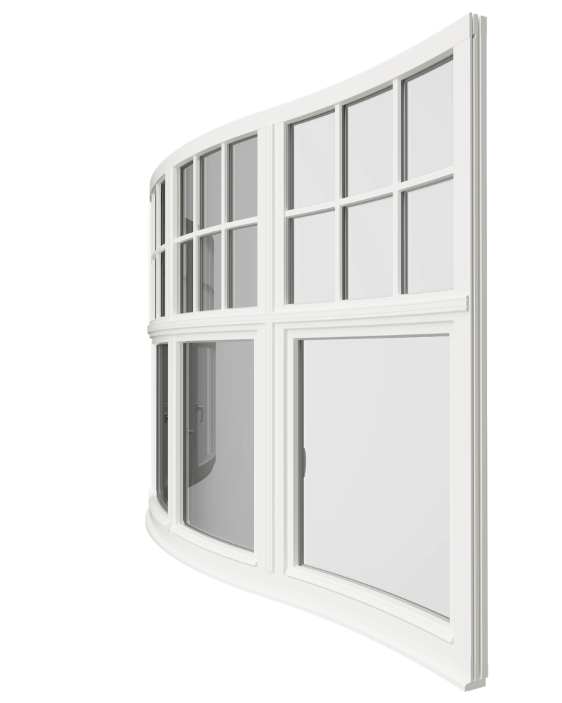Châssis en bois blanc à petits-bois formant une baie vitrée courbe, rendu 3D